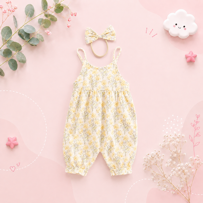The Ivy - Baby Girl Floral Romper with Headband Cotton Summer Jumpsuit Outfit