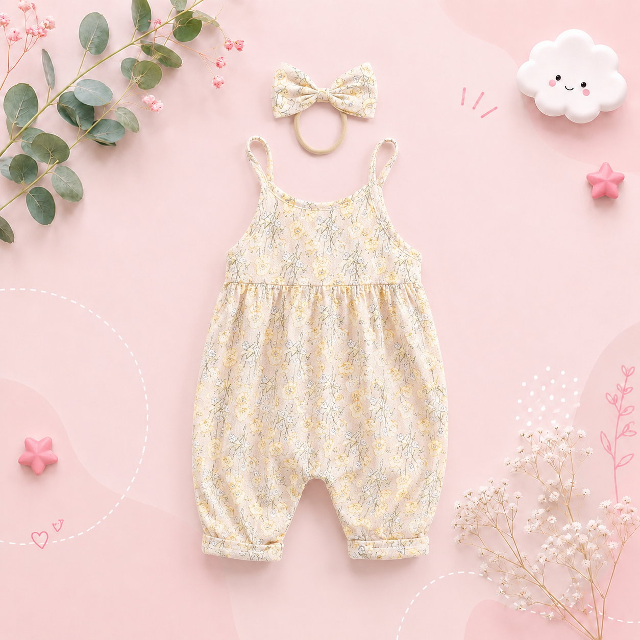 The Ivy - Baby Girl Floral Romper with Headband Cotton Summer Jumpsuit Outfit
