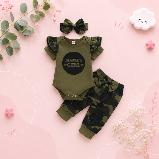 The Aubree - Infant Baby Girl Cotton Letter Romper Camo Pants & Headband Set 3PCS