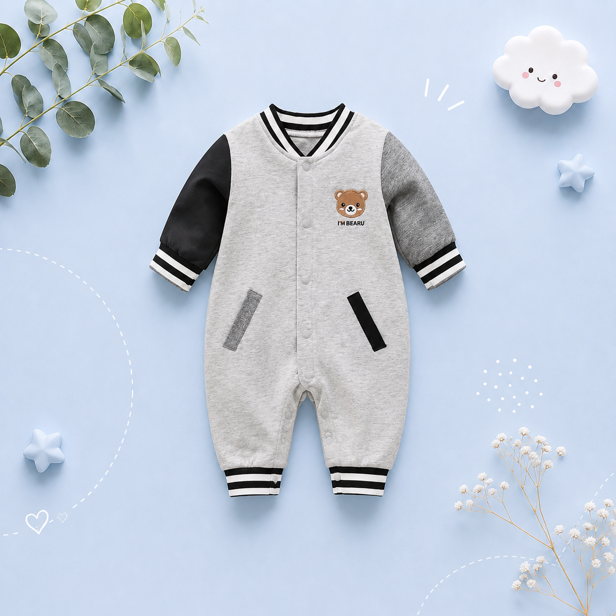The Christopher - Baby Boy Blue and white bear Boston Cotton Long Sleeve Footies Jumpsuits