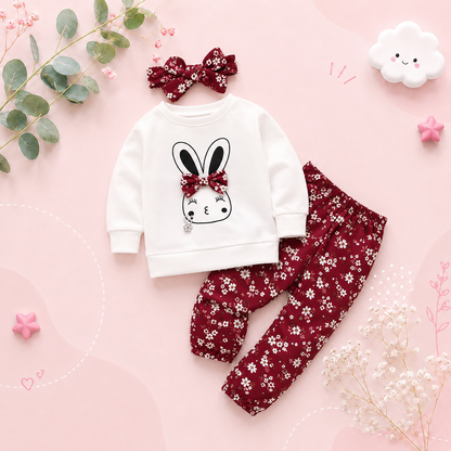 The Andrea - Baby Girl Rabbit Print Bow Front Pullover & Floral Print Pants & Headband