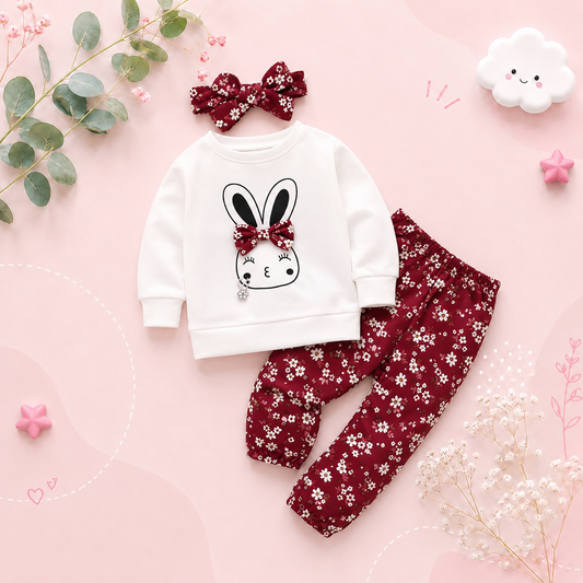 The Andrea - Baby Girl Rabbit Print Bow Front Pullover & Floral Print Pants & Headband