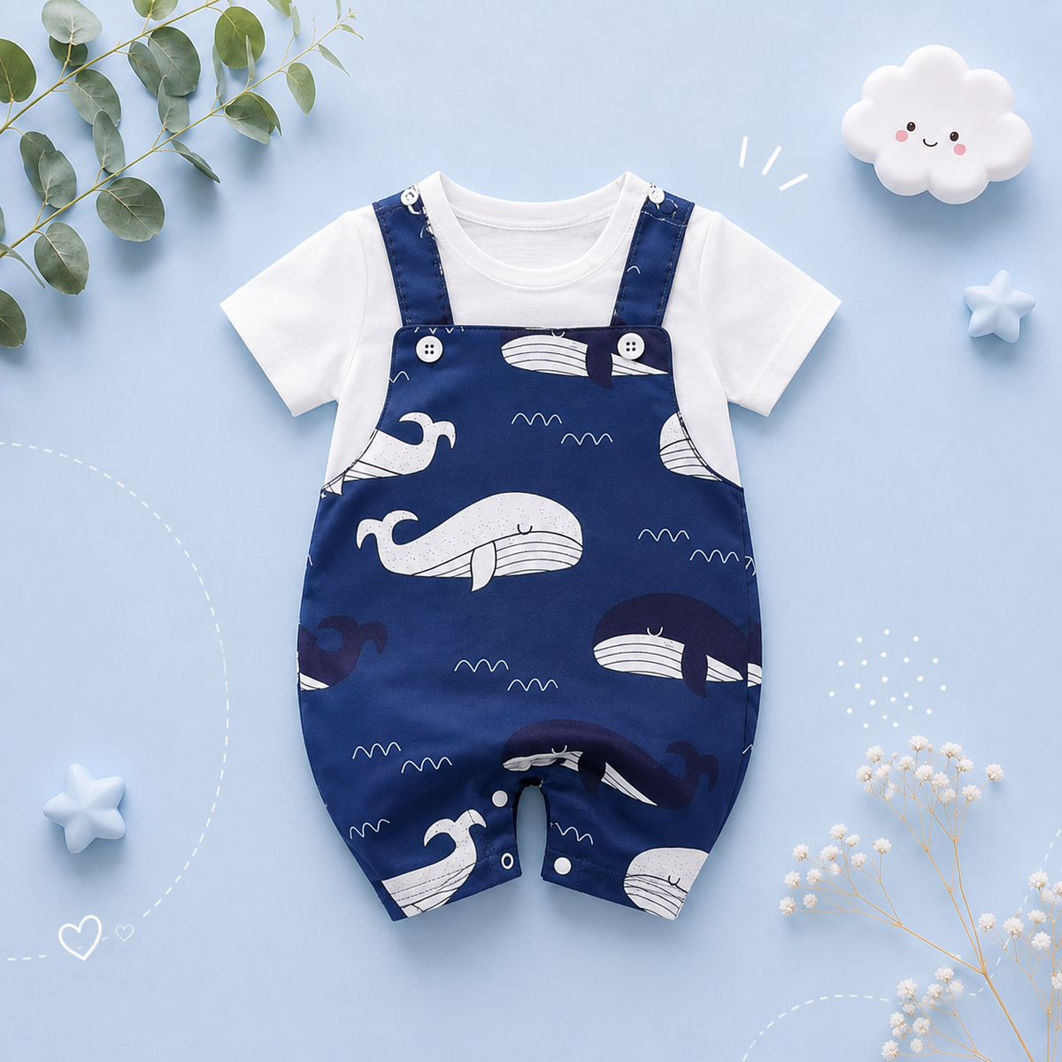 The Azrael - Newborn Baby Boy Blue Whale Print Romper Short Sleeve Summer Outfit