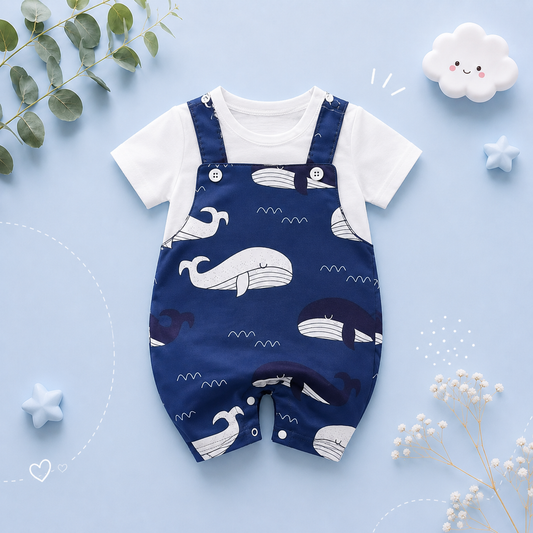 The Azrael - Newborn Baby Boy Blue Whale Print Romper Short Sleeve Summer Outfit