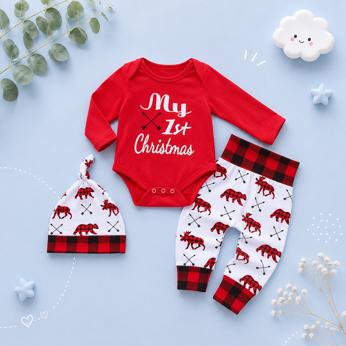 The Jaxton - Newborn Baby My First Christmas Romper Hat & Pants Outfit Set
