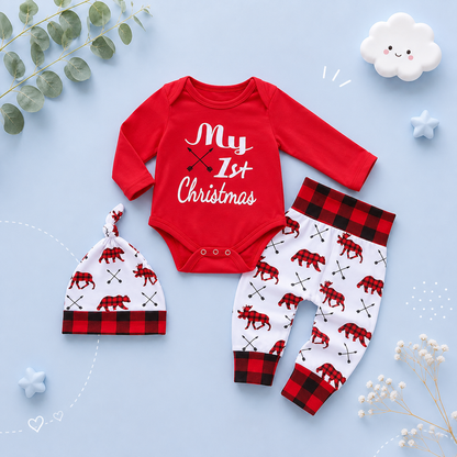 The Jaxton - Newborn Baby My First Christmas Romper Hat & Pants Outfit Set