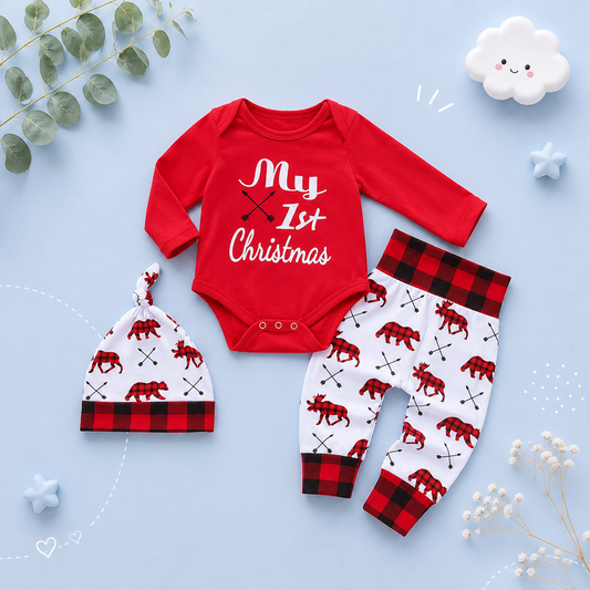 The Jaxton - Newborn Baby My First Christmas Romper Hat & Pants Outfit Set
