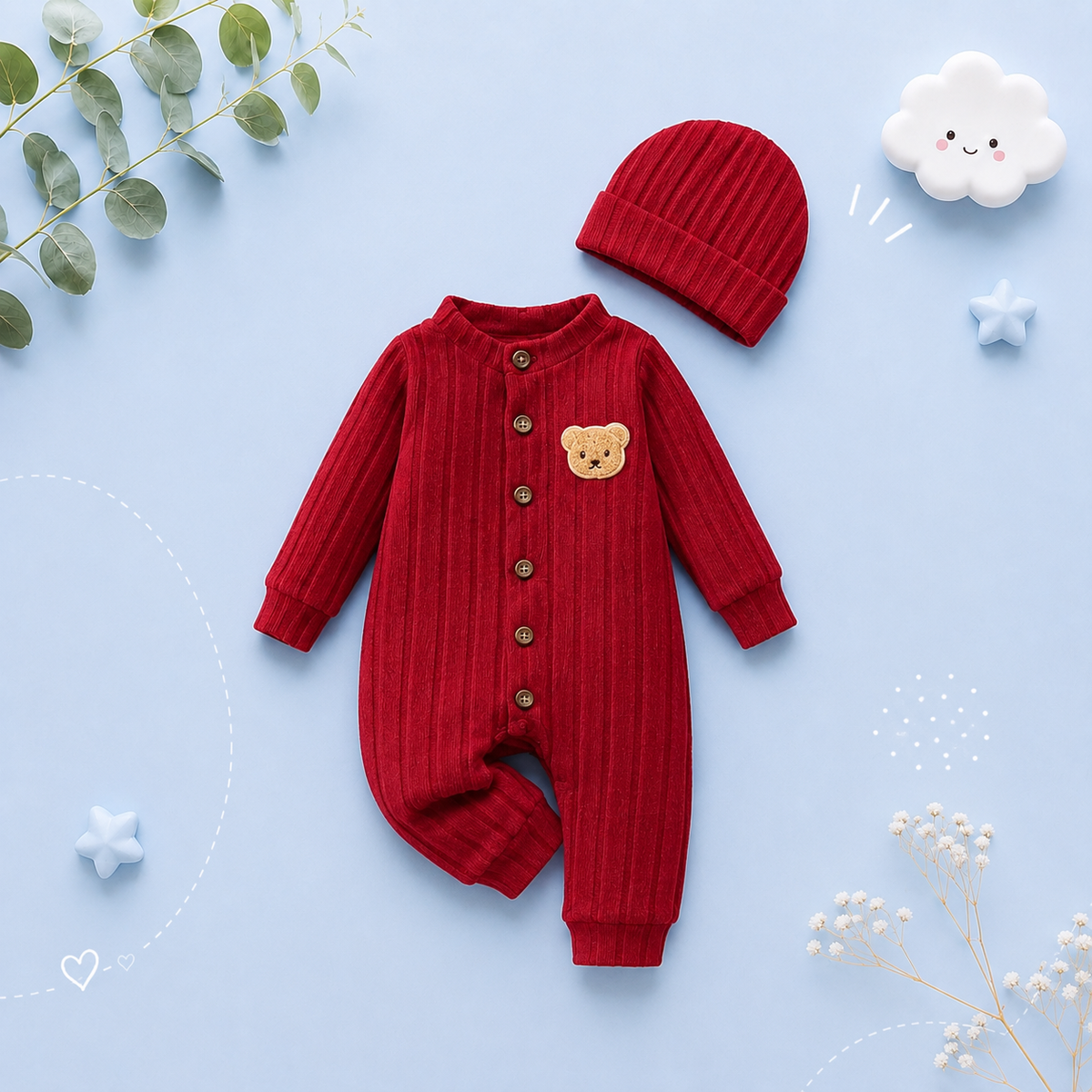 The Mac - Baby Boy Red Bear Romper & Hat Set Long Sleeve Autumn Winter One Piece Outfit