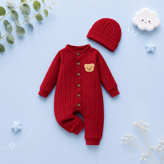 The Mac - Baby Boy Red Bear Romper & Hat Set Long Sleeve Autumn Winter One Piece Outfit