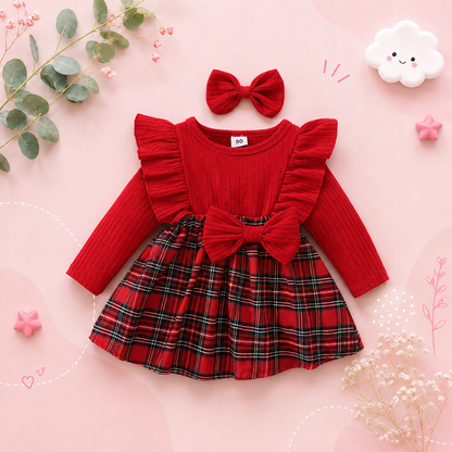 The Gracelyn - Baby Girl Plaid Dress Set with Bow Headband Ruffle Sleeve Ribbed Top