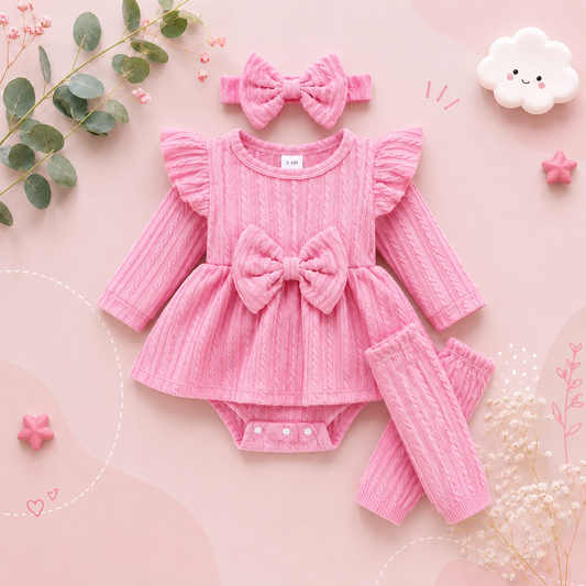The Amiyah - Baby Girl 3PCS Bow Romper Dress Headband & Socks Long Sleeve Outfit