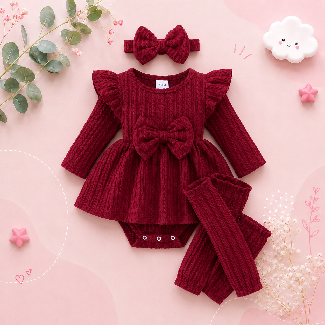 The Amiyah - Baby Girl 3PCS Bow Romper Dress Headband & Socks Long Sleeve Outfit