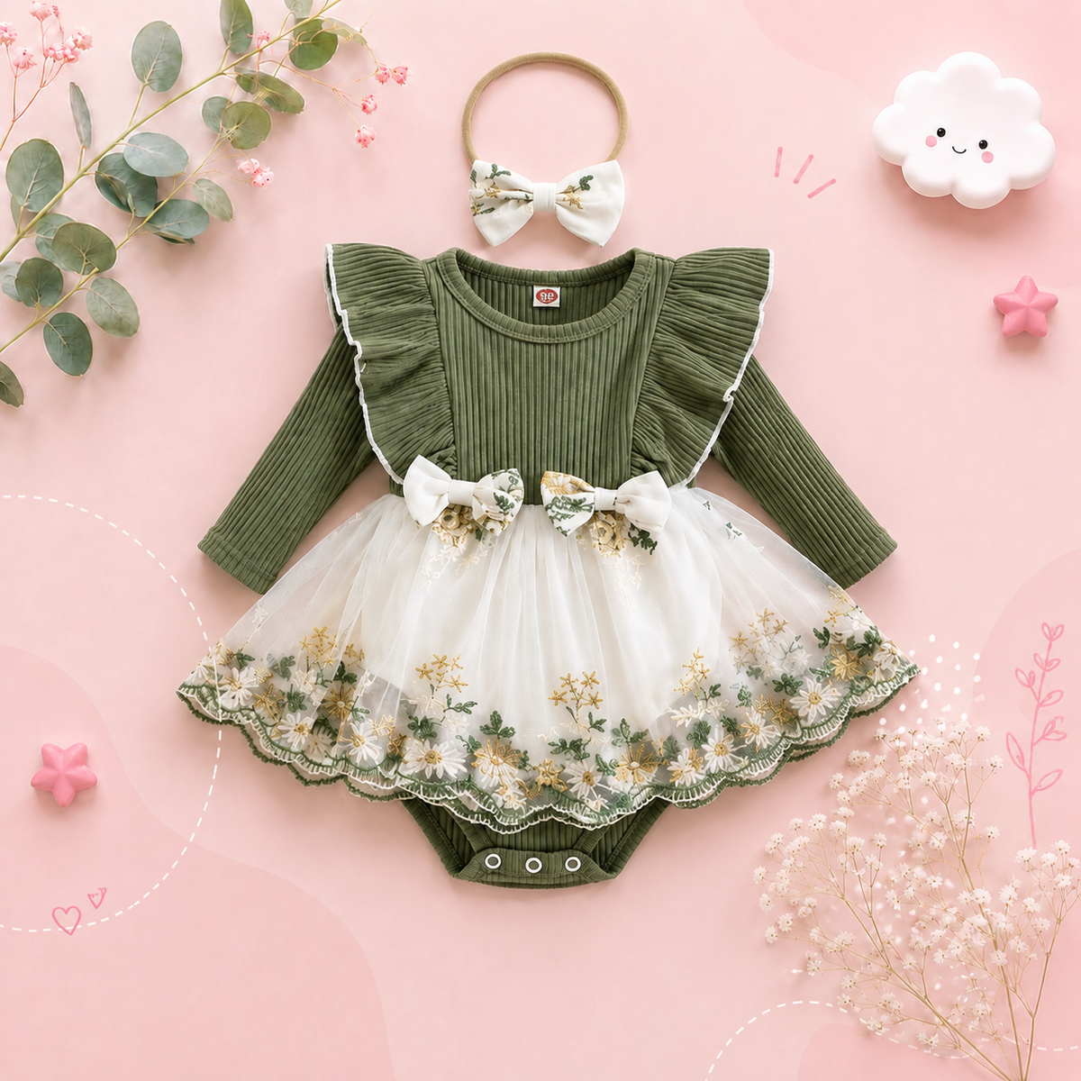 The Fiona - Baby Girl Embroidery Long Sleeves Bodysuit Dress and Cute Headband