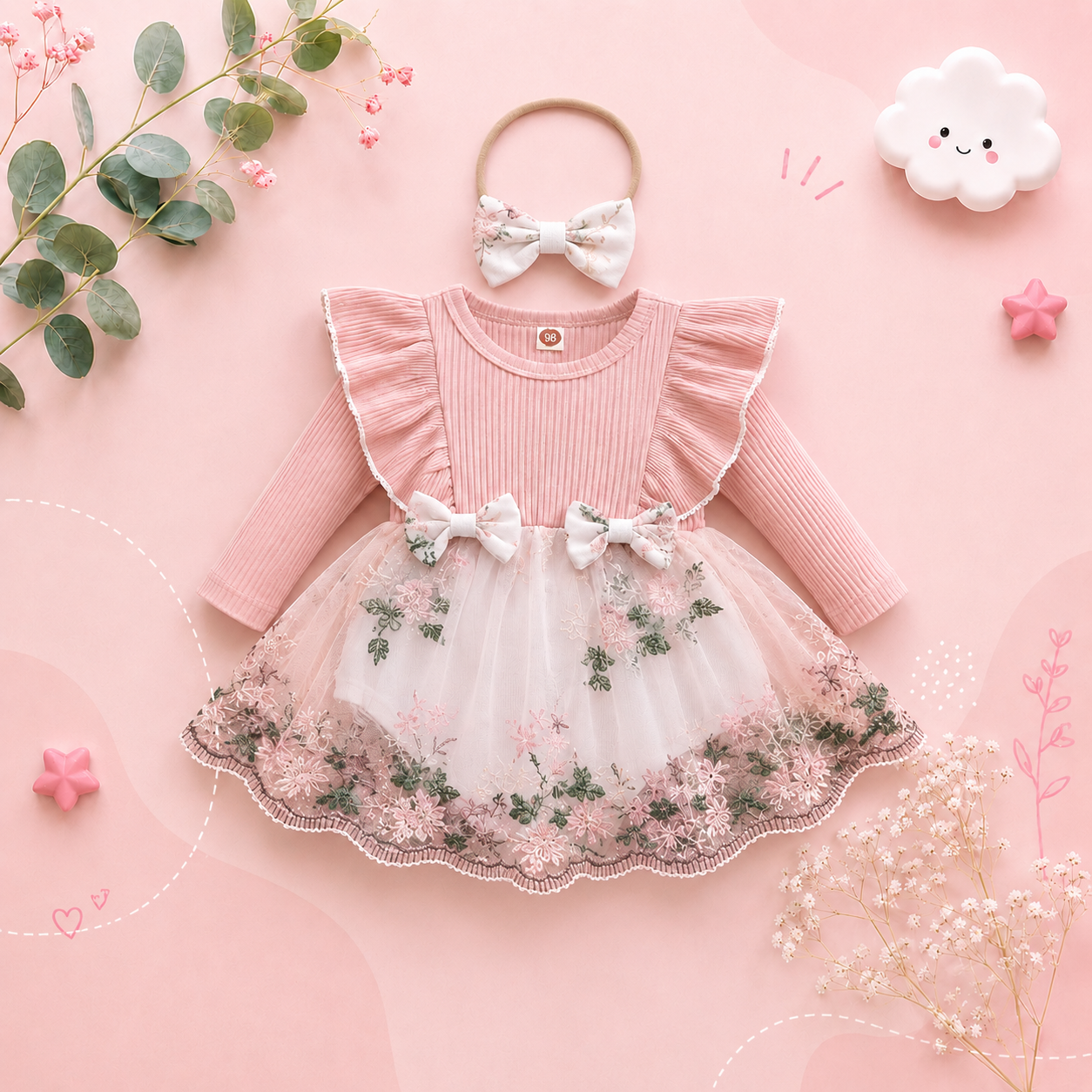 The Fiona - Baby Girl Embroidery Long Sleeves Bodysuit Dress and Cute Headband