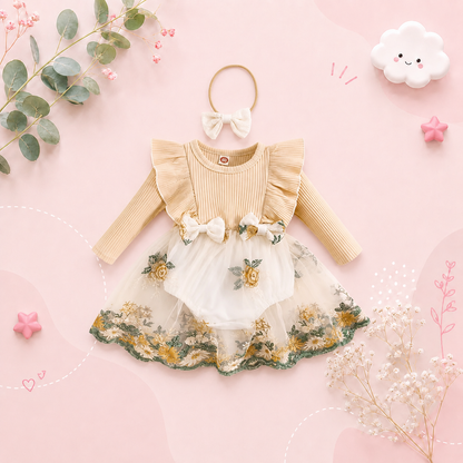 The Fiona - Baby Girl Embroidery Long Sleeves Bodysuit Dress and Cute Headband