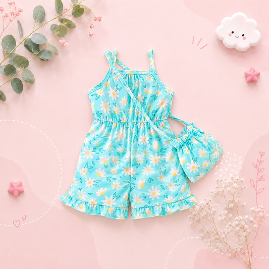 The Alia - Toddler Baby Girl Floral Print Suspender Jumpsuit and Bag Summer Wear