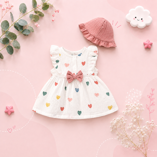 The Ariah - Baby Girl 2PCS Cotton Love Print Dress & Hat Summer Outfit