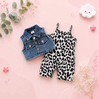 The Mara - Kids Denim Vest & Leopard Print Jumpsuit Shorts Set Fashion Outfit 2PCS
