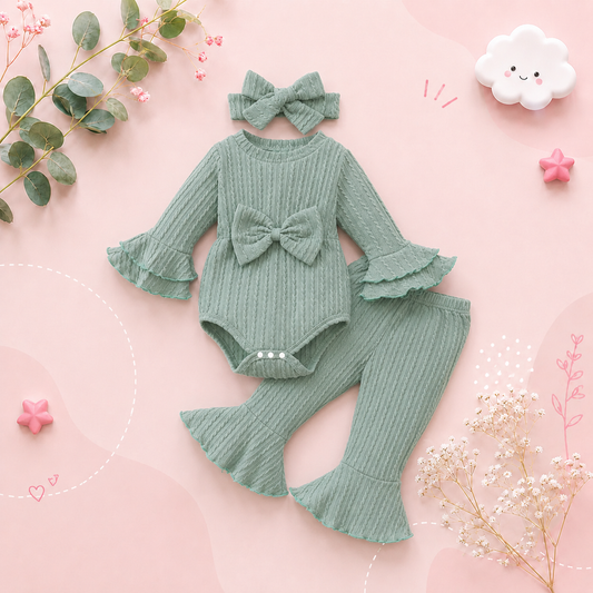 The Yara - Baby Girl Bow Front Jumpsuit Flare Sleeve Textured Romper Fall Winter Outfit