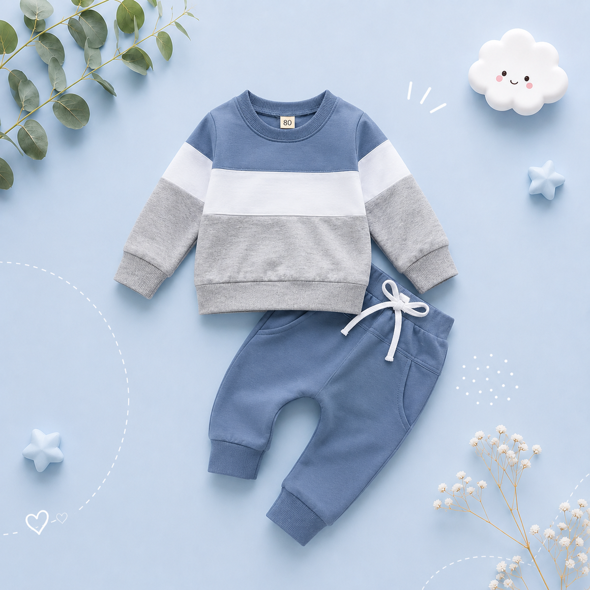 The Kyaire - Baby Boy Contrast Color Long Sleeve Sweatshirt & Elastic Pants