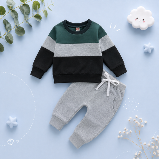 The Kyaire - Baby Boy Contrast Color Long Sleeve Sweatshirt & Elastic Pants