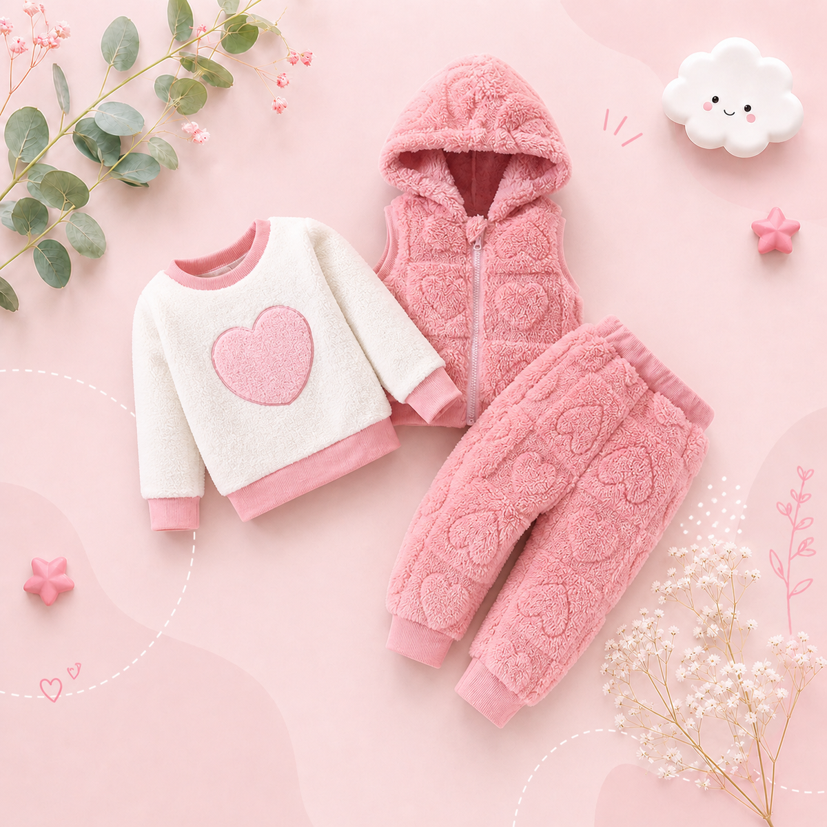 The Edith - Baby Girl 3‑Pcs Outfit – Jacquard Love Plush Hooded Vest + Plush Top & Pants Set