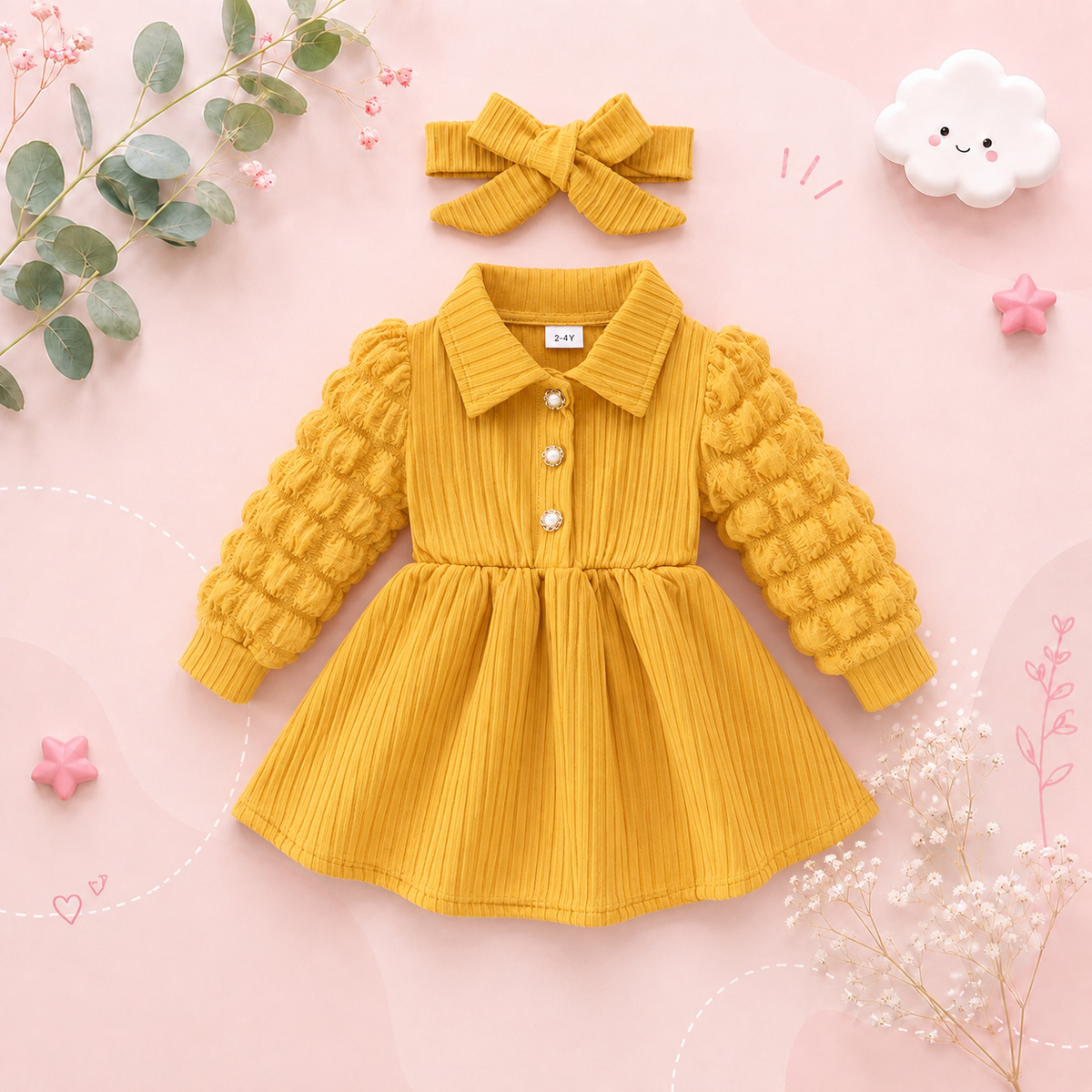 The Beatrice - Ginger Yellow Puff-Sleeve Ribbed Knit Dress & Bow Headband Set for Girls