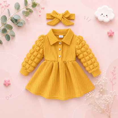 The Beatrice - Ginger Yellow Puff-Sleeve Ribbed Knit Dress & Bow Headband Set for Girls