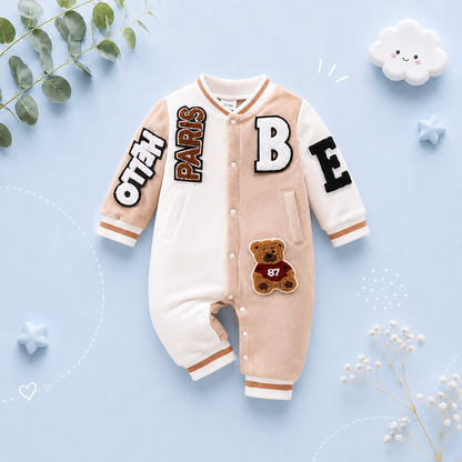 The Bryer - Baby Boy Suede Long Sleeve Romper 3D Letter Embroidered Autumn Winter One Piece Outfit