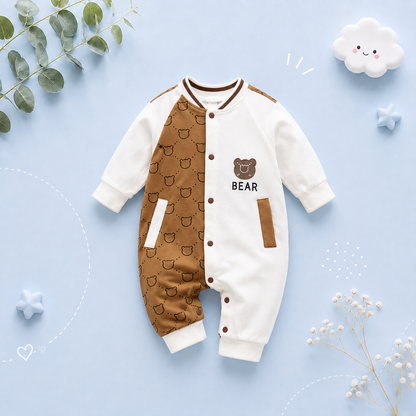 The Evan - Unisex Baby Bear Print White & Brown Bodysuit