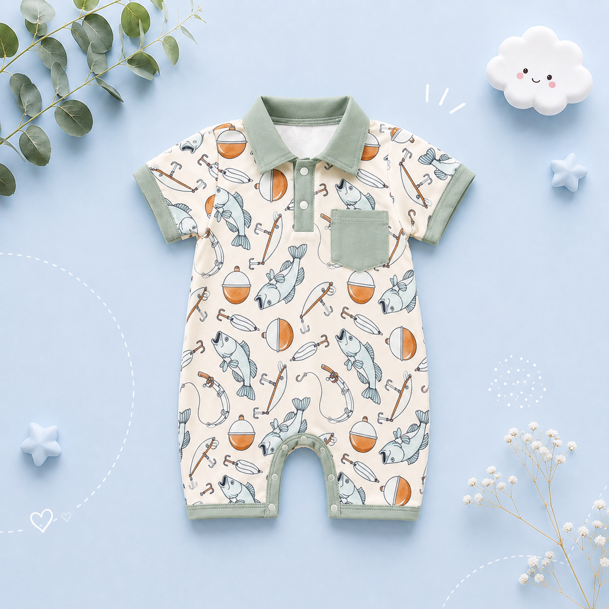 The Danny - Newborn Baby Green Fishing Print Romper Short Sleeve Summer Wear