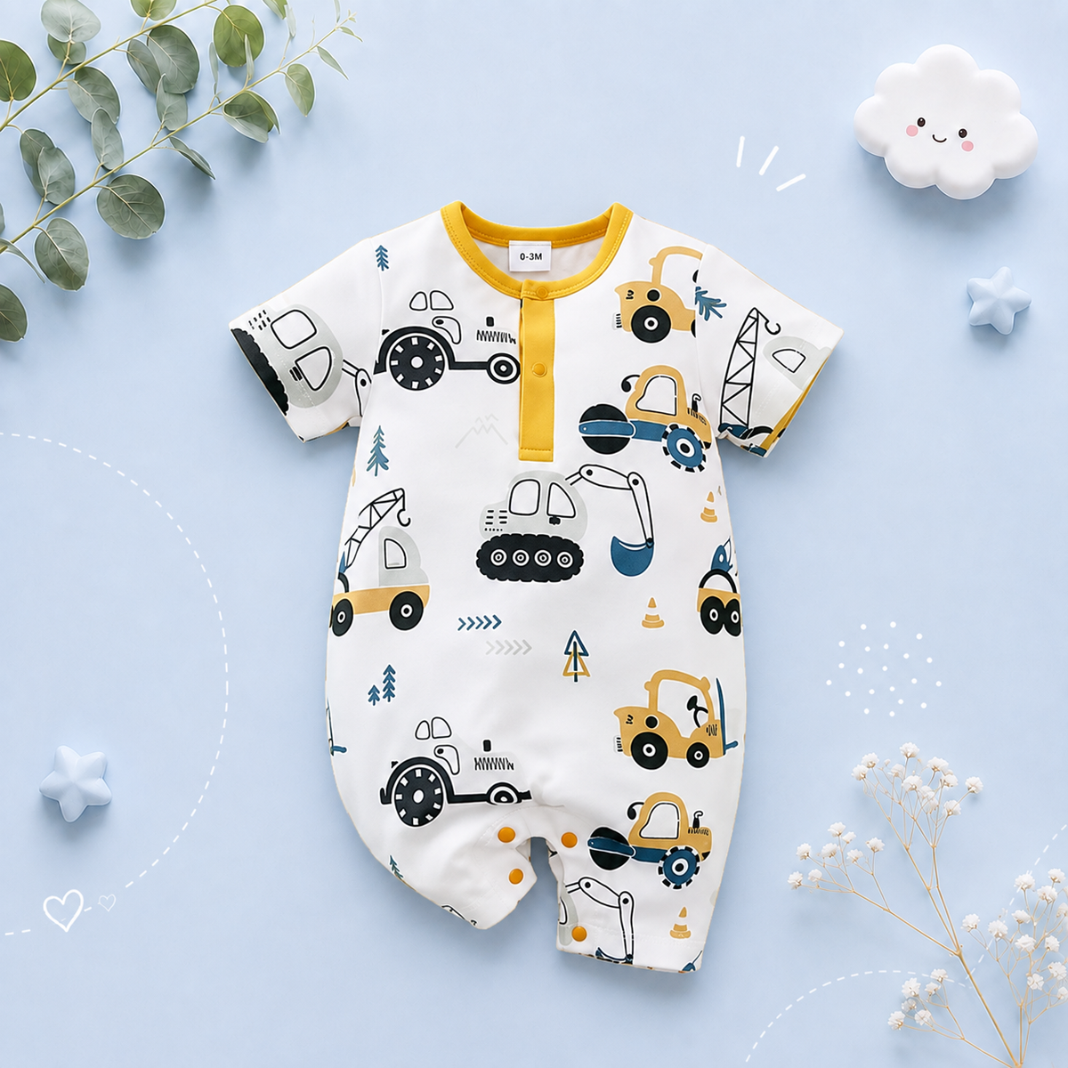 The Briggs - Baby Unisex Yellow Cars & Tractor Print Romper