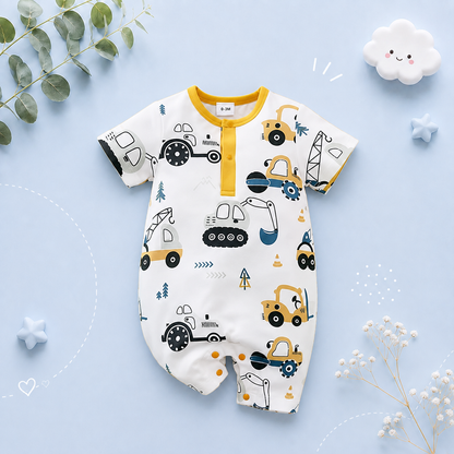 The Briggs - Baby Unisex Yellow Cars & Tractor Print Romper