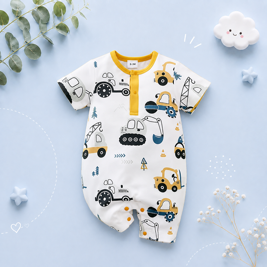 The Briggs - Baby Unisex Yellow Cars & Tractor Print Romper