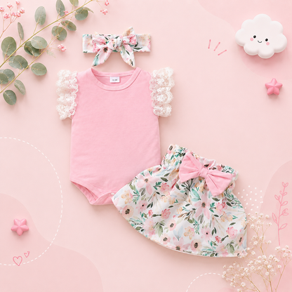 The Rose - Baby Pink Solid Colour Tops + Floral Skirt + Headband