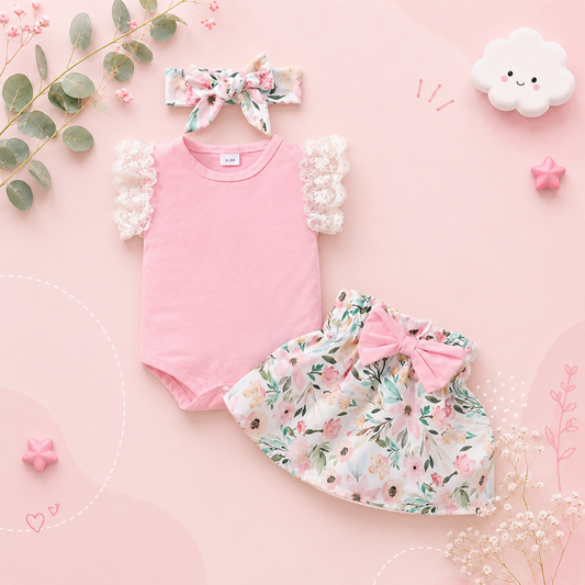 The Rose - Baby Pink Solid Colour Tops + Floral Skirt + Headband