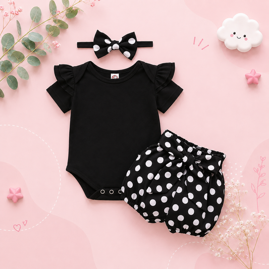 The Rachel - Baby Black Short Sleeve Tops + Polka Dot Shorts + Headband