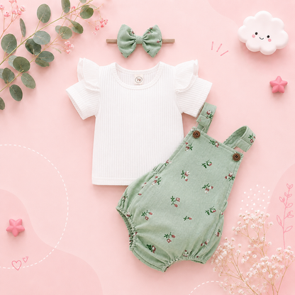 The Monroe - Baby Solid Colour Fly Sleeve, Round Neck Tops + Flower Pattern Suspender