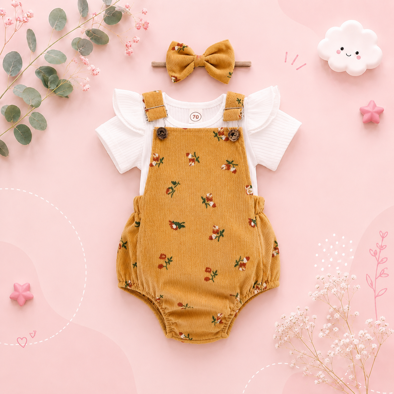 The Monroe - Baby Solid Colour Fly Sleeve, Round Neck Tops + Flower Pattern Suspender