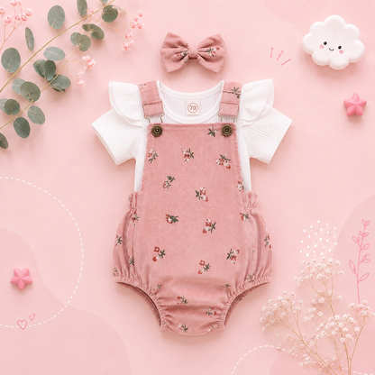 The Monroe - Baby Solid Colour Fly Sleeve, Round Neck Tops + Flower Pattern Suspender