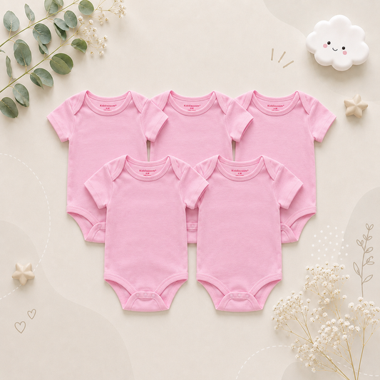 The Zena - 5pcs Unisex Cotton Rompers - Plain Pink Set