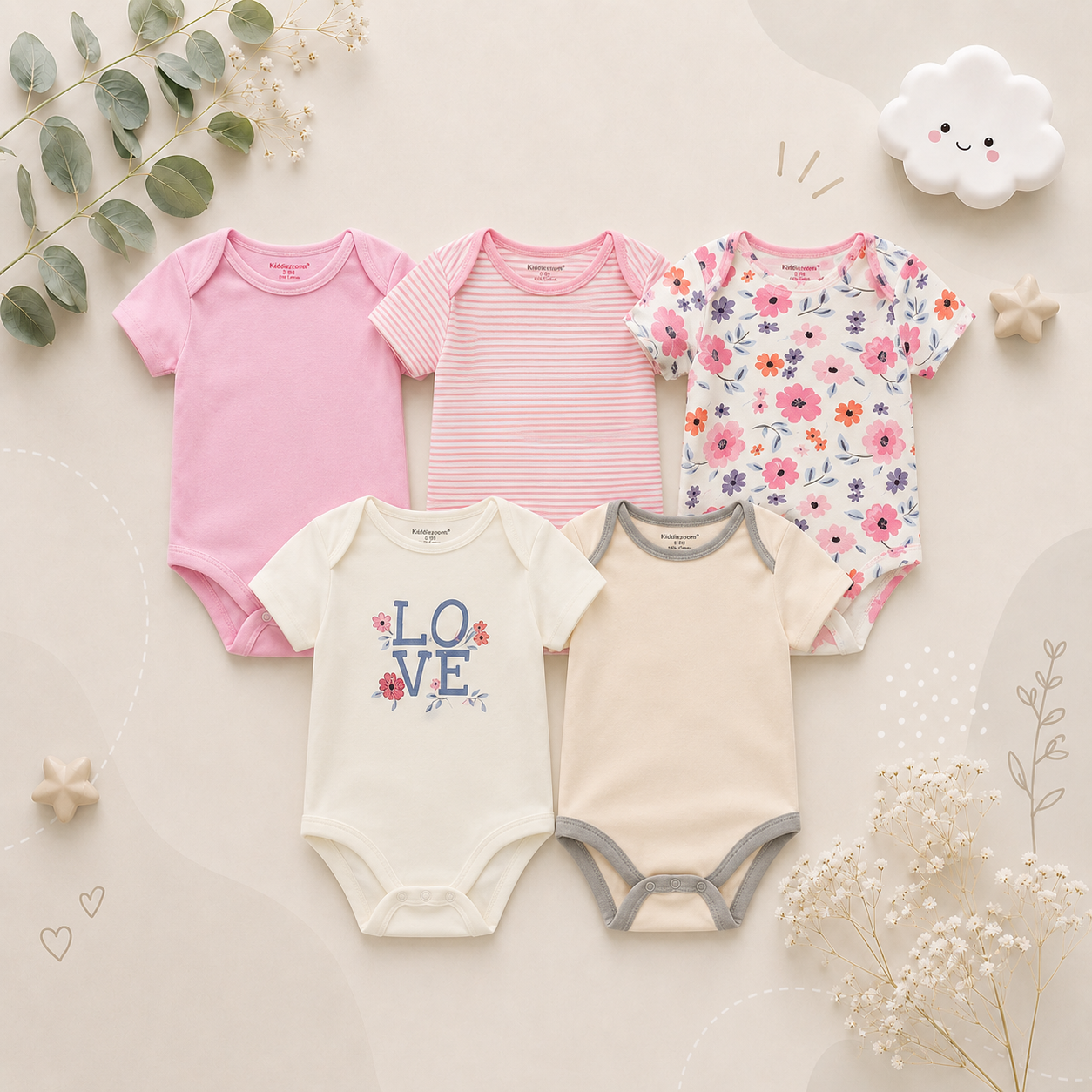 The Zena - 5pcs Unisex Cotton Rompers - Cute Love Print Set