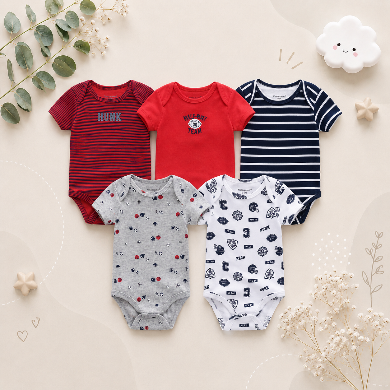 The Zena - 5pcs Unisex Cotton Rompers - Hunk Set