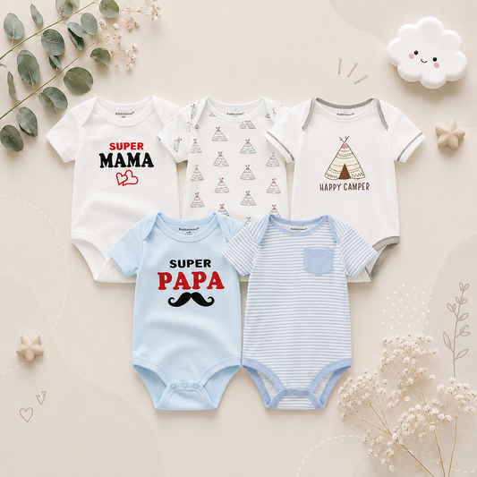 The Zena - 5pcs Unisex Cotton Rompers - Super Mama/ Papa Set