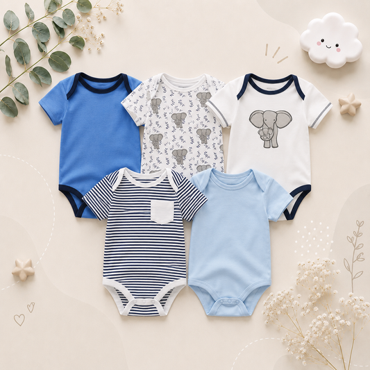 The Zena - 5pcs Unisex Cotton Rompers - Elephant Set