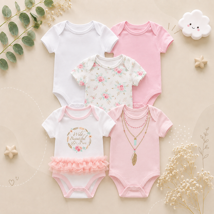The Zena - 5pcs Unisex Cotton Rompers - Beautiful Pink Set