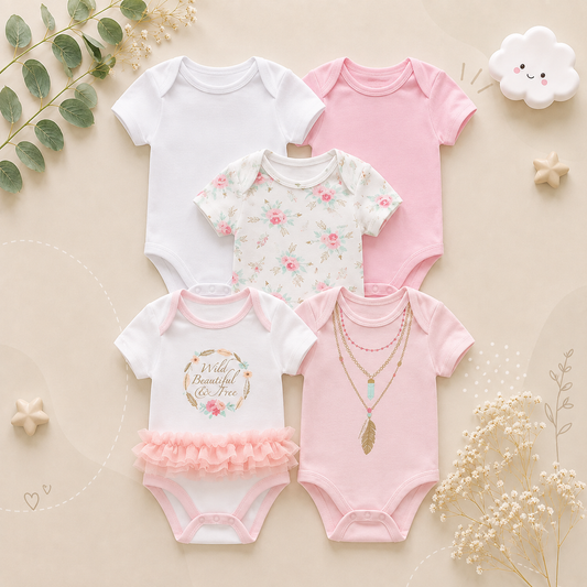 The Zena - 5pcs Unisex Cotton Rompers - Beautiful Pink Set