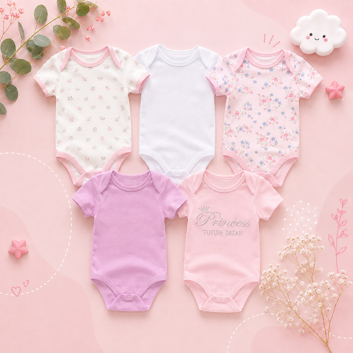 The Zena - 5pcs Unisex Cotton Rompers - Pink Princess Set