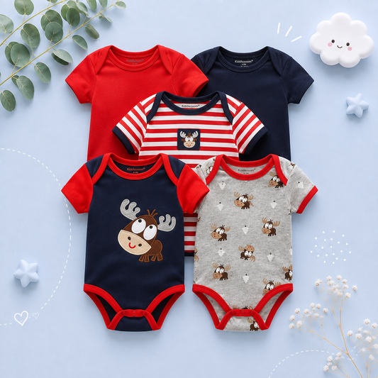 The Zena - 5pcs Unisex Cotton Rompers - Red Reindeer Set