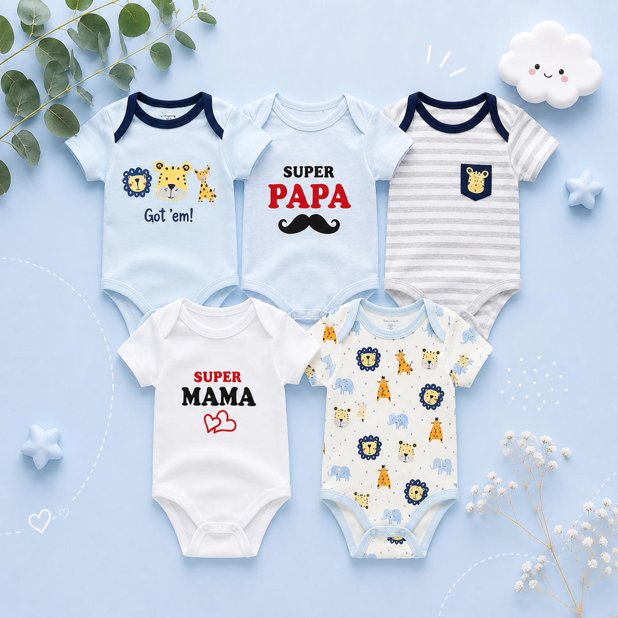 The Zena - 5pcs Unisex Cotton Rompers - Super Mama Set